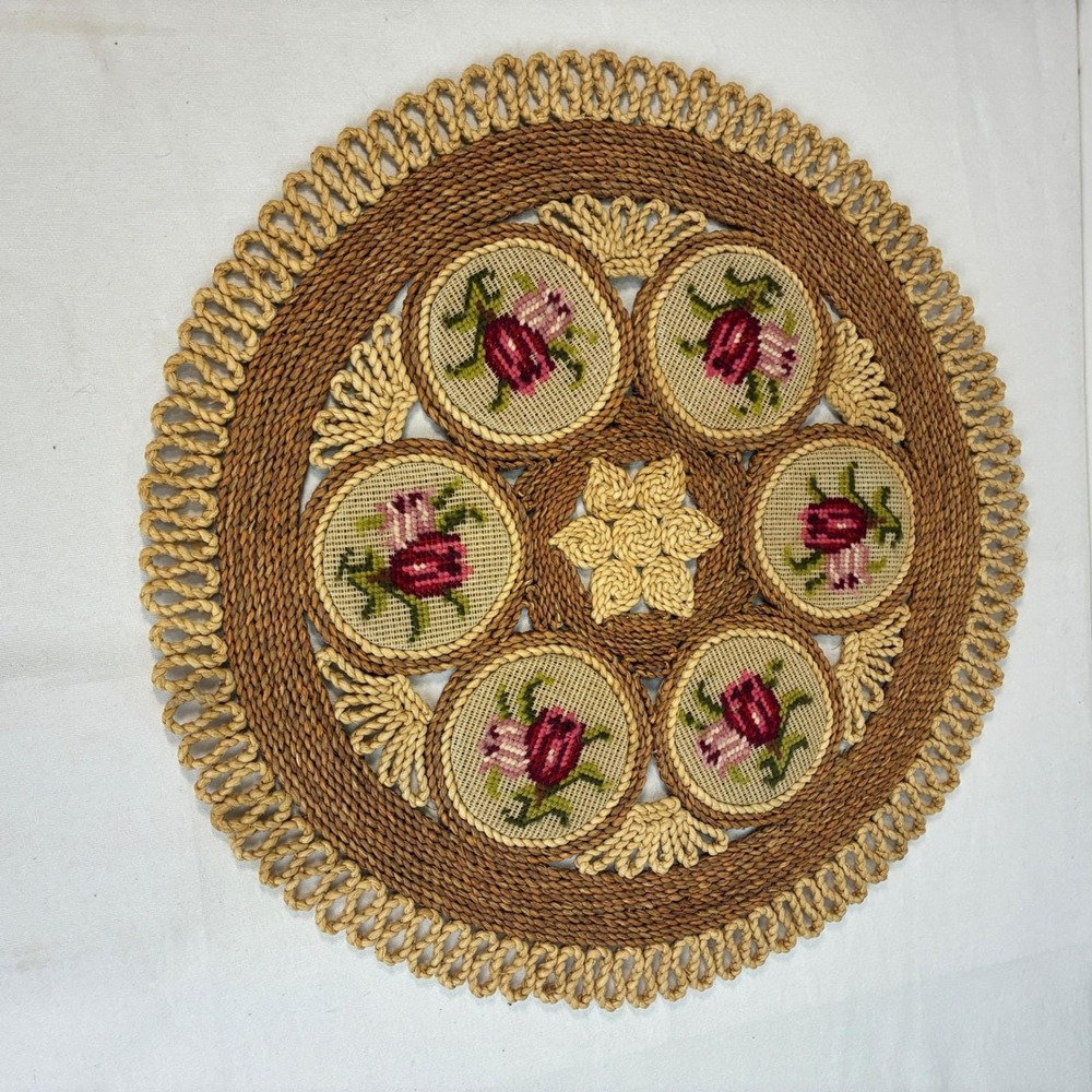 Vintage Rattan Needlepoint Center Placemat Roses Table Handmade Cottagecore Boho - Picture 2 of 5